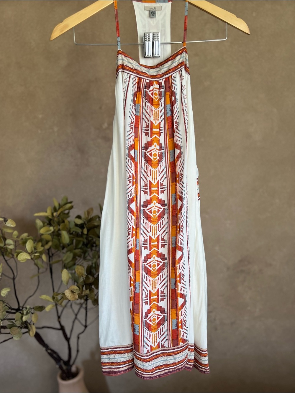 Boho White Mini Sun Dress with Orange and Turquoise Geometric Racerback Design - Picture 1 of 13